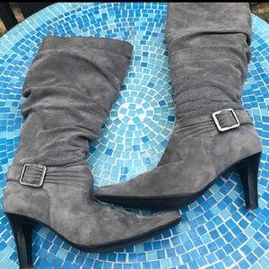 Gray knee high heels boots buckle booties grey